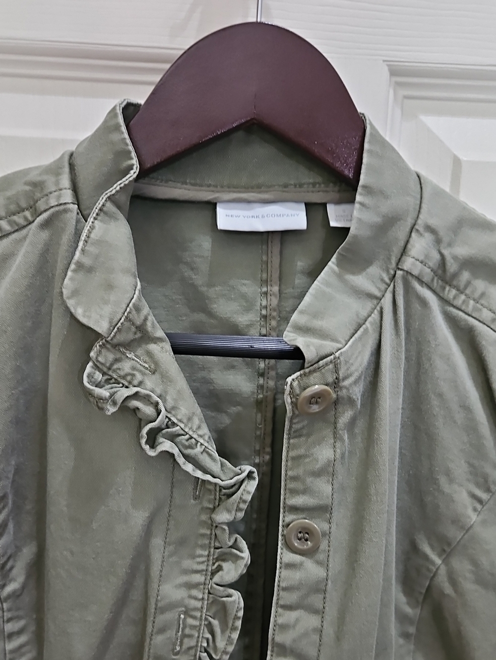 New York & Company Olive Green stretch Utility Jacket with Ruffle Trim - Picture 2 of 6